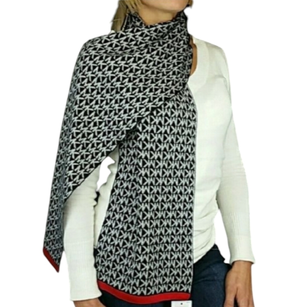 Michael Kors Black and White With Red Trim Monogram Scarf